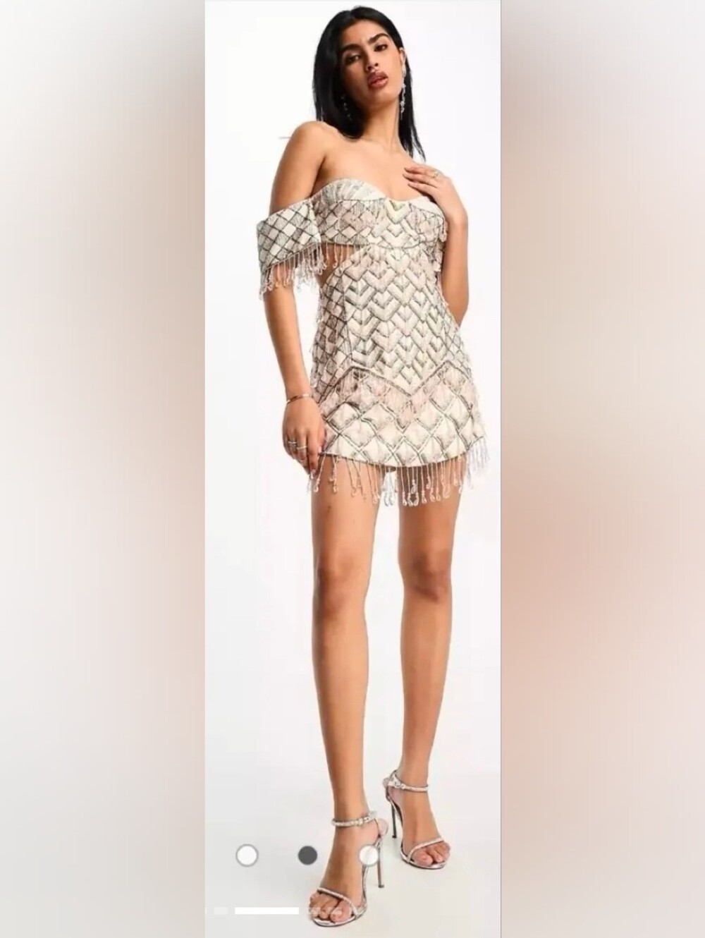 Asos Luxe Beaded Fringe Geometric Off-Shoulder Mini Dress in Blush Pink Size 14